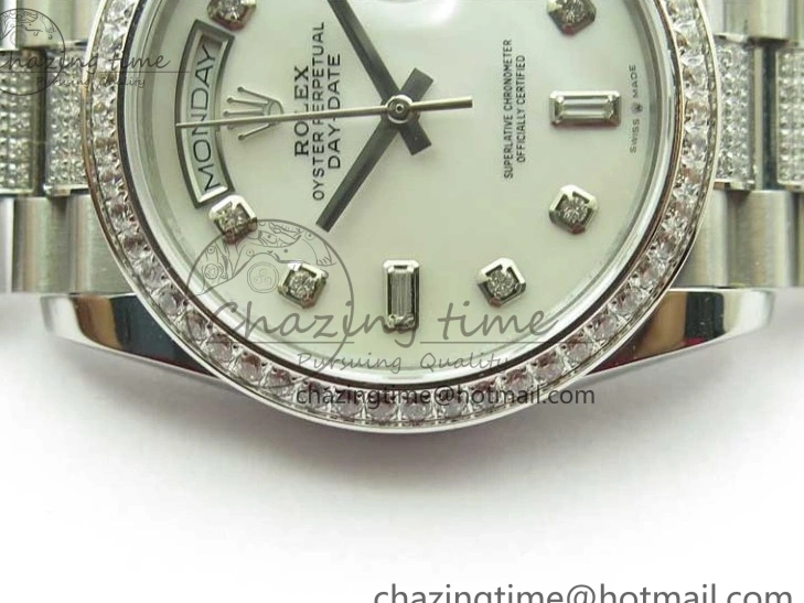 MiroTime 0128 Day-Date 36mm 128239 SS Crystal BP Best Edition White MOP Crystal Marker Dial on SS President Bracelet A MoistureWicking 2682